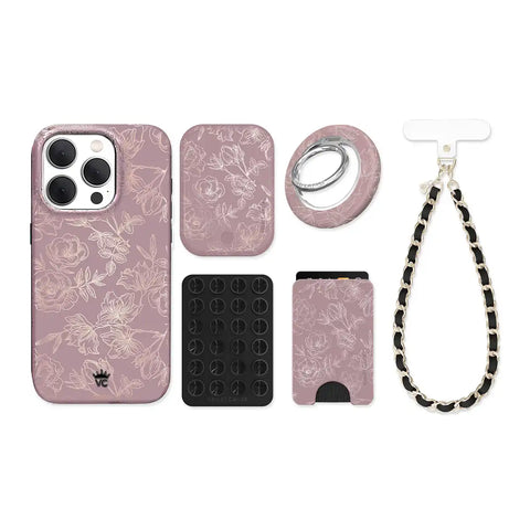 Dusty Rose Chrome Floral iPhone Bundle Set