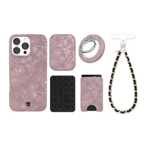 Dusty Rose Chrome Floral iPhone Bundle Set