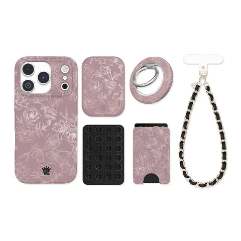 Dusty Rose Chrome Floral iPhone Bundle Set