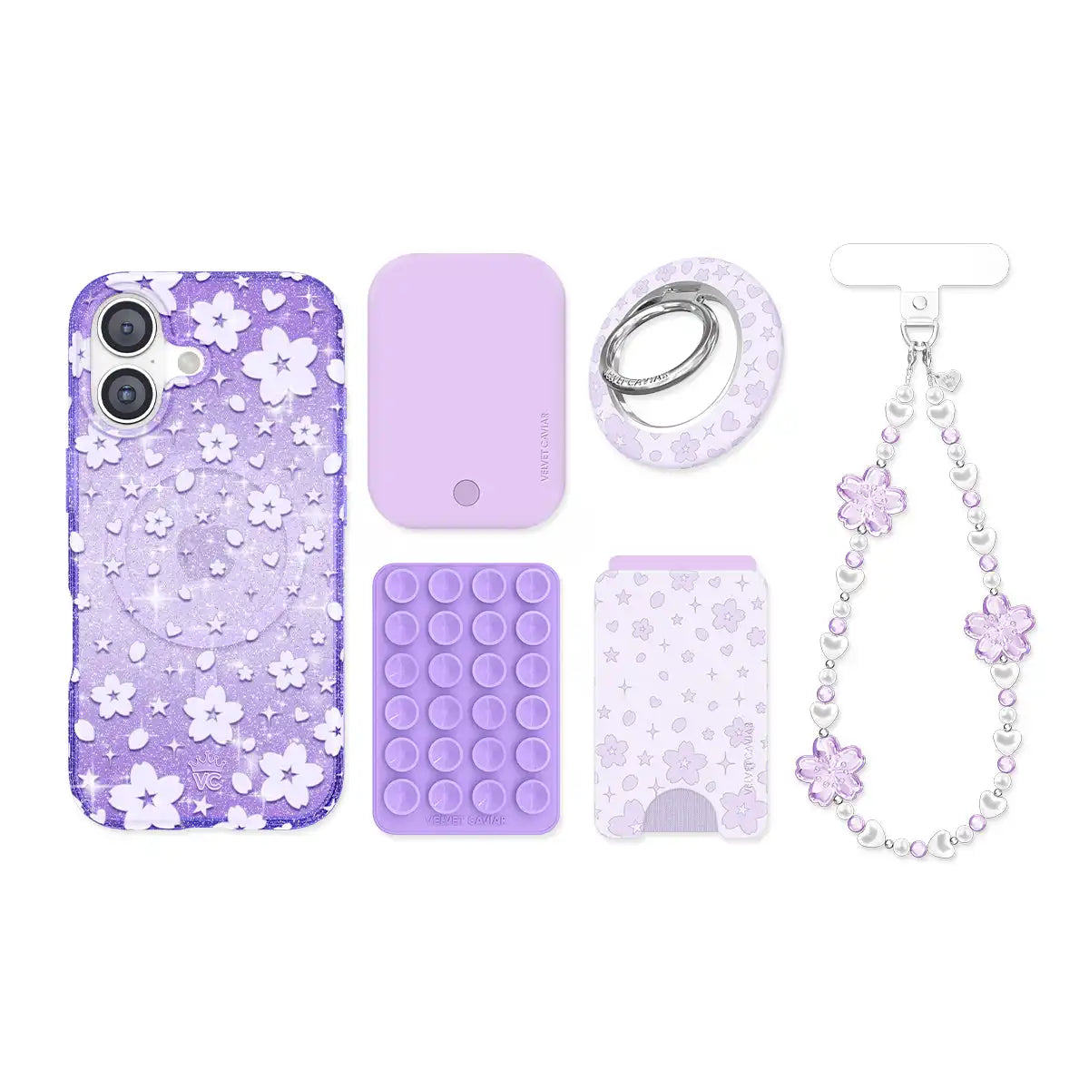 Lavender Cherry Blossom Glitter iPhone Bundle Set