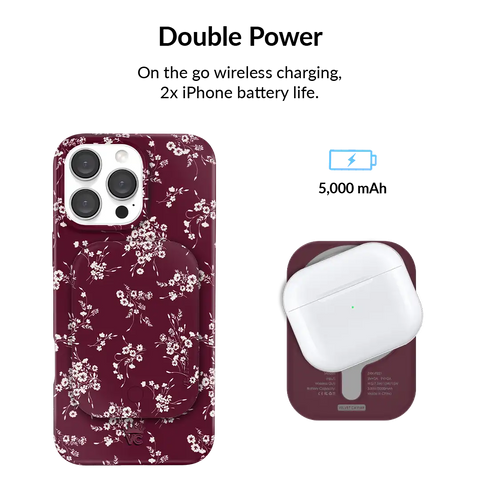 French Burgundy Floral Portable MagSafe Charger Power Pack