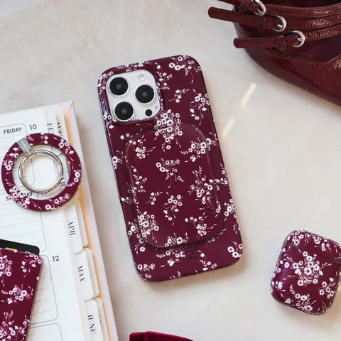 French Burgundy Floral Portable MagSafe Charger Power Pack