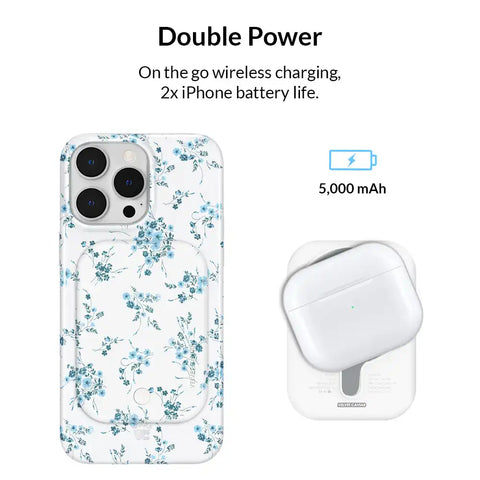 French Blue Floral Portable MagSafe Charger Power Pack