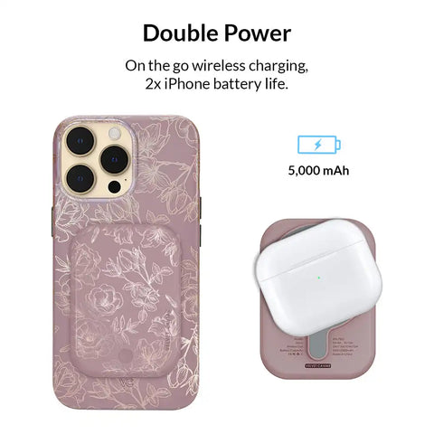 Dusty Rose Chrome Floral Portable MagSafe Charger Power Pack